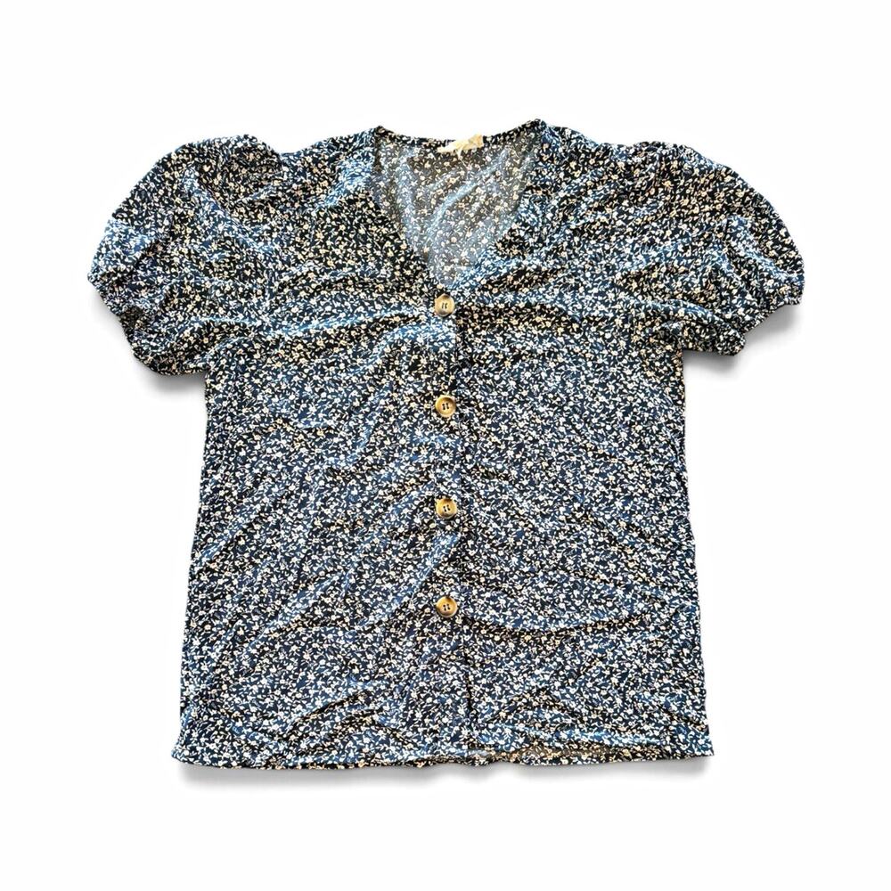 Orange Creek Los Angeles Women’s S Floral Button Front Puff Sleeve Blouse Blue
